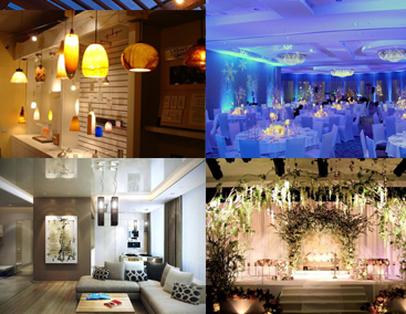 Collage of decorative, banquet, living room, and wedding lighting designs.