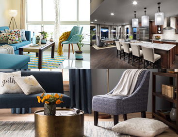 Collage of modern living room, kitchen, and cozy seating areas.