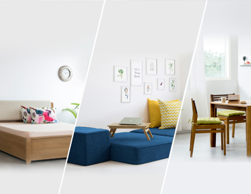 Collage of modern bedroom, living room, and dining furniture in bright interiors.