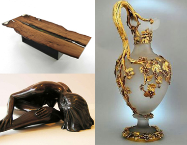 Elegant decor collection featuring a live-edge wooden table, artistic bronze sculpture, and ornate floral vase.