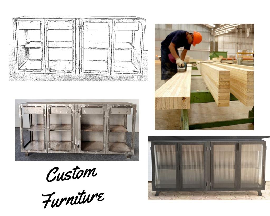 Custom furniture design process from sketch to craftsmanship and final product.